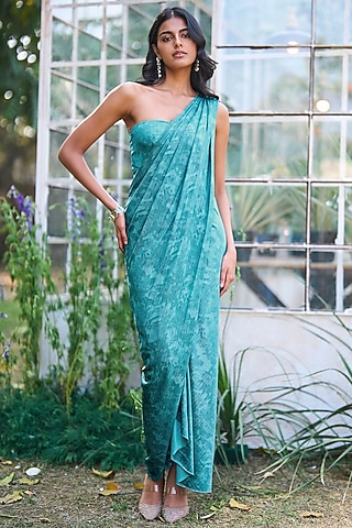 Aqua Blue Recycled Polyester Off-Shoulder Gown Saree by Dash and Dot