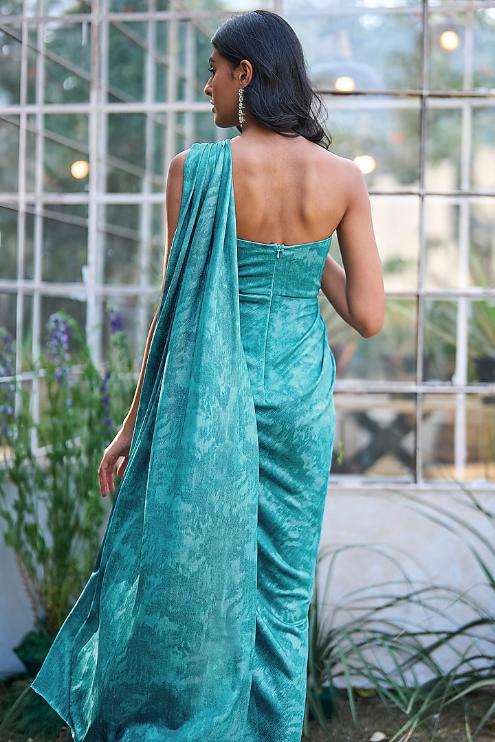 Aqua Blue Recycled Polyester Off-Shoulder Festive Gown Saree by Dash and Dot at Pernia's Pop Up Shop