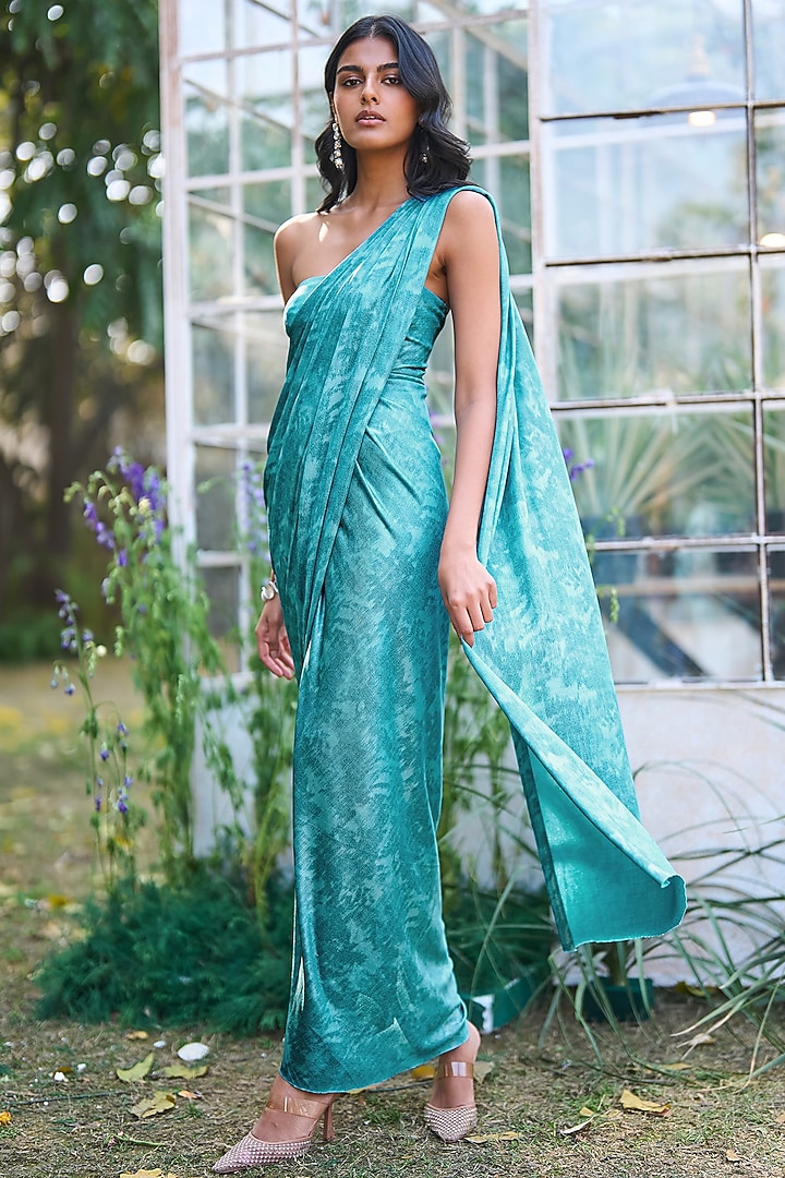 Aqua Blue Recycled Polyester Off-Shoulder Festive Gown Saree by Dash and Dot at Pernia's Pop Up Shop