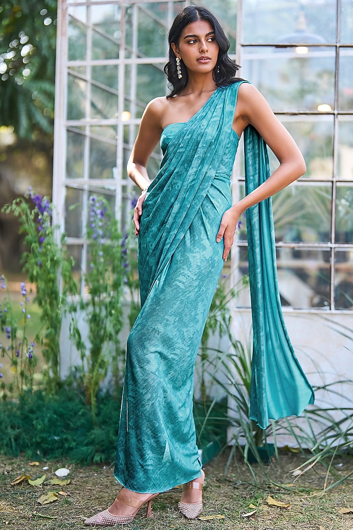 Aqua Blue Recycled Polyester Off-Shoulder Festive Gown Saree by Dash and Dot at Pernia's Pop Up Shop