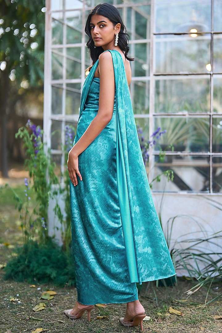 Aqua Blue Recycled Polyester Off-Shoulder Festive Gown Saree by Dash and Dot at Pernia's Pop Up Shop