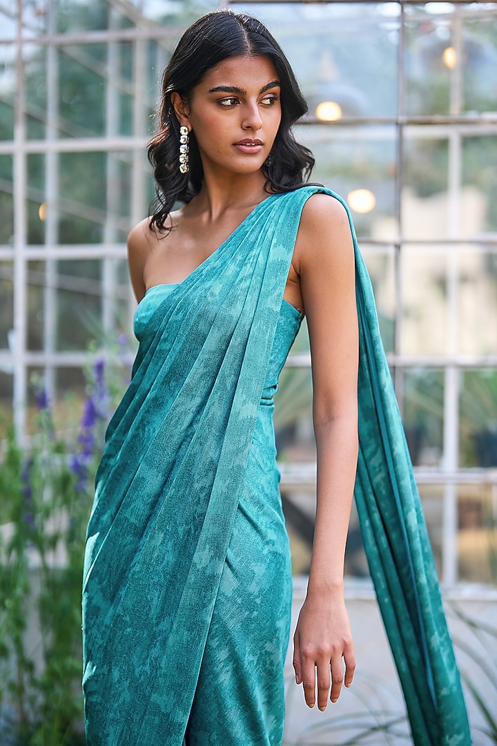 Aqua Blue Recycled Polyester Off-Shoulder Festive Gown Saree by Dash and Dot at Pernia's Pop Up Shop