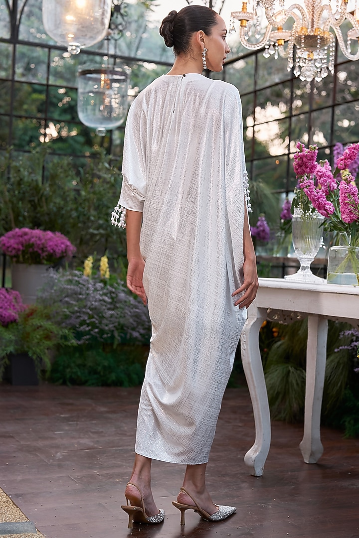 White & Silver Recycled Polyester Draped Kaftan Summer Dress by Dash and Dot at Pernia's Pop Up Shop