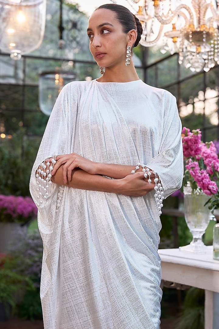 White & Silver Recycled Polyester Draped Kaftan Summer Dress by Dash and Dot at Pernia's Pop Up Shop