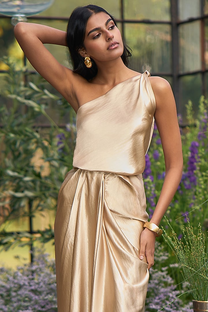 Champagne Satin Twisted One-Shoulder Top by Dash and Dot at Pernia's Pop Up Shop