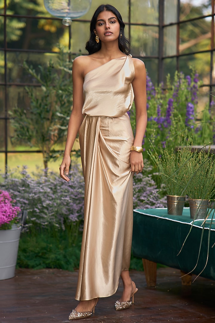 Champagne Satin Draped Maxi Skirt by Dash and Dot at Pernia's Pop Up Shop