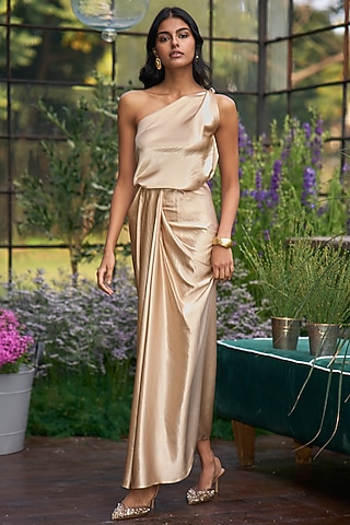 Champagne Satin Draped Maxi Skirt by Dash and Dot