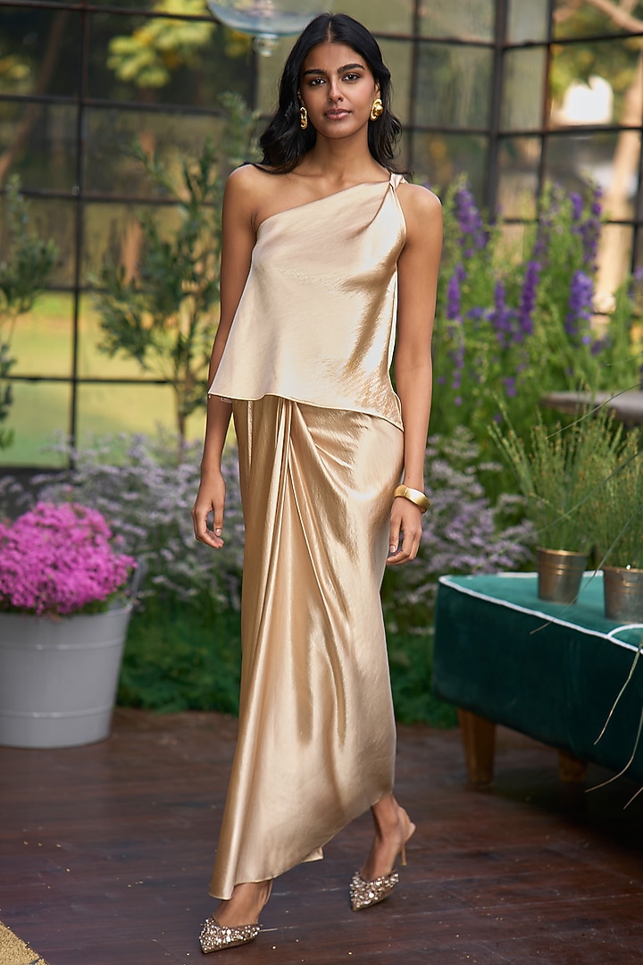 Champagne Satin Draped Maxi Skirt by Dash and Dot at Pernia's Pop Up Shop