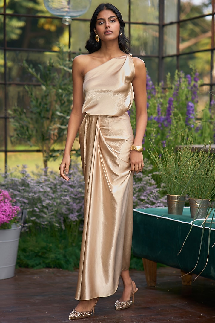 Champagne Satin Draped Maxi Skirt Set by Dash and Dot at Pernia's Pop Up Shop