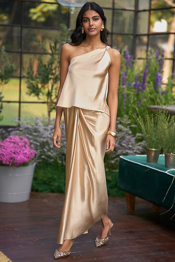 Champagne Satin Draped Maxi Skirt Set by Dash and Dot at Pernia's Pop Up Shop