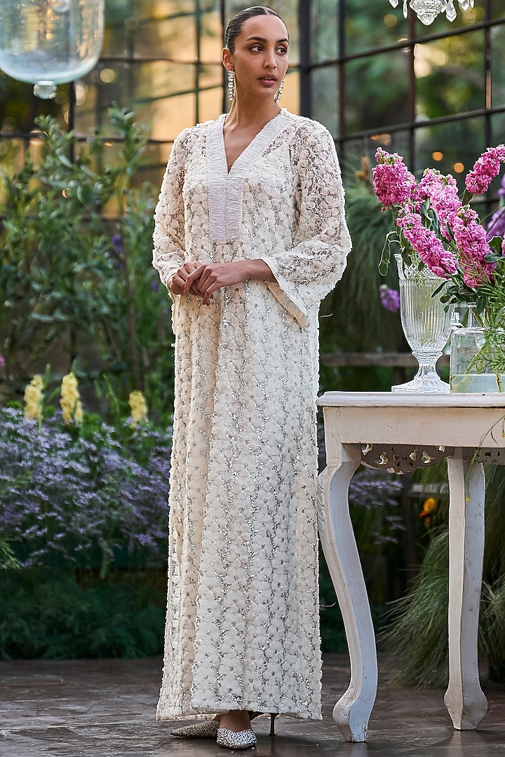 Ivory Recycled Polyester 3D Floral Embroidered Kaftan Summer Dress by Dash and Dot at Pernia's Pop Up Shop