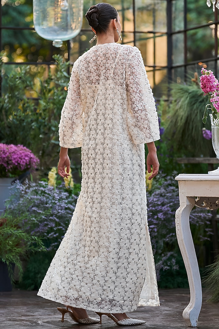 Ivory Recycled Polyester 3D Floral Embroidered Kaftan Summer Dress by Dash and Dot at Pernia's Pop Up Shop