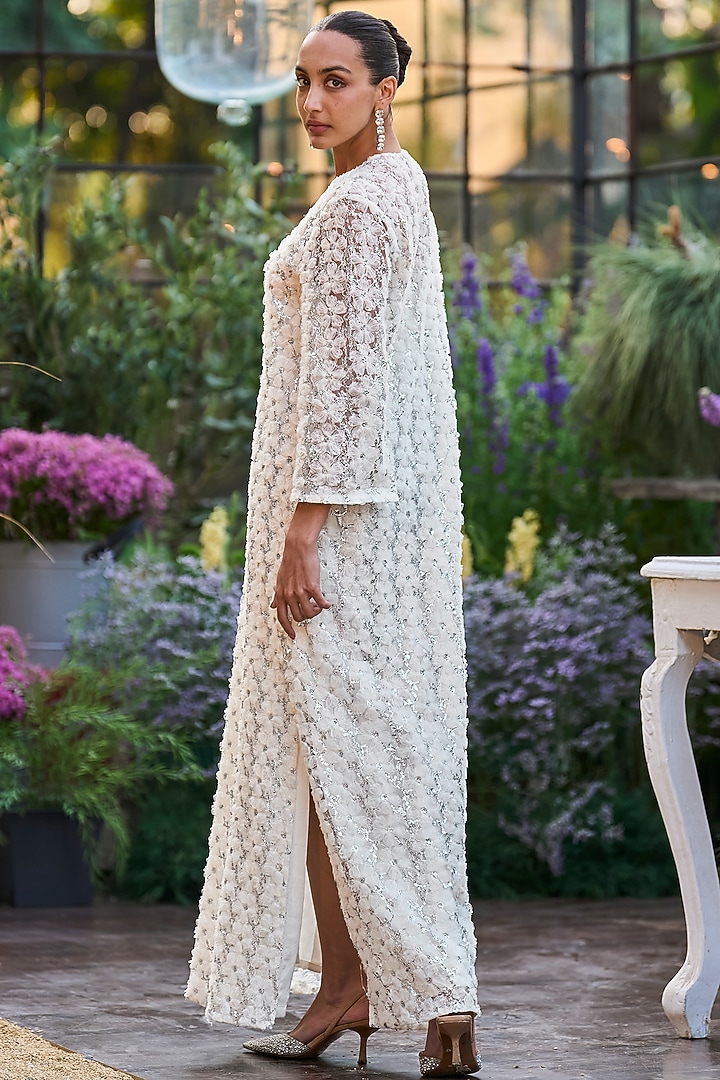 Ivory Recycled Polyester 3D Floral Embroidered Kaftan Summer Dress by Dash and Dot at Pernia's Pop Up Shop