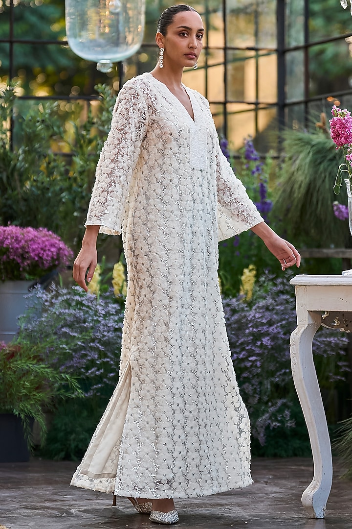 Ivory Recycled Polyester 3D Floral Embroidered Kaftan Summer Dress by Dash and Dot at Pernia's Pop Up Shop