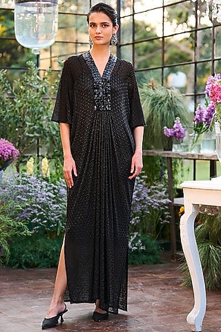 Black Mesh Knitted Jacquard  Kaftan Maxi Dress by Dash and Dot