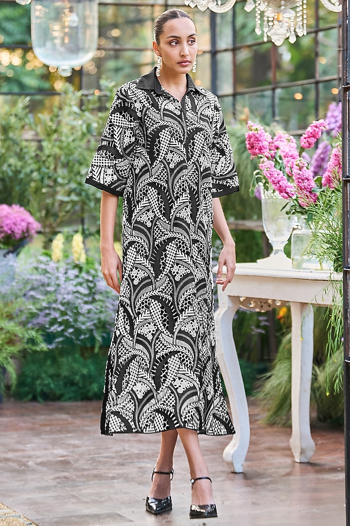 Black & White Recycled Polyester Cutwork Midi Summer Dress by Dash and Dot at Pernia's Pop Up Shop