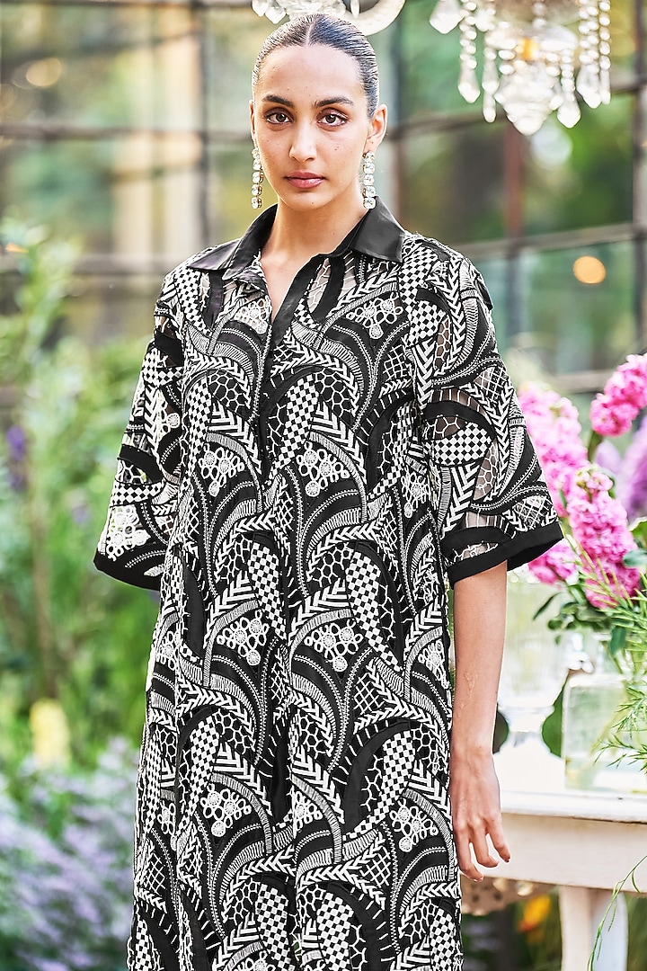 Black & White Recycled Polyester Cutwork Midi Summer Dress by Dash and Dot at Pernia's Pop Up Shop