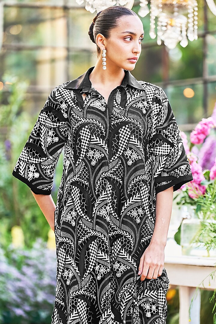 Black & White Recycled Polyester Cutwork Midi Summer Dress by Dash and Dot at Pernia's Pop Up Shop