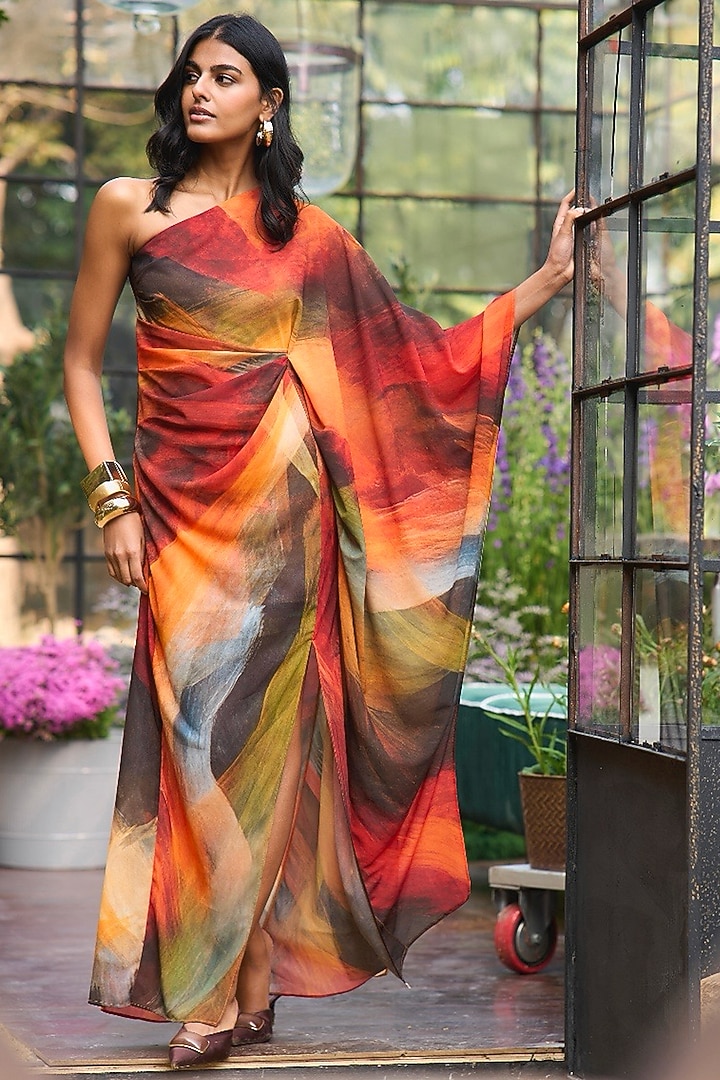 Multi-Colored Recycled Polyester Printed One-Shoulder Summer Dress by Dash and Dot at Pernia's Pop Up Shop