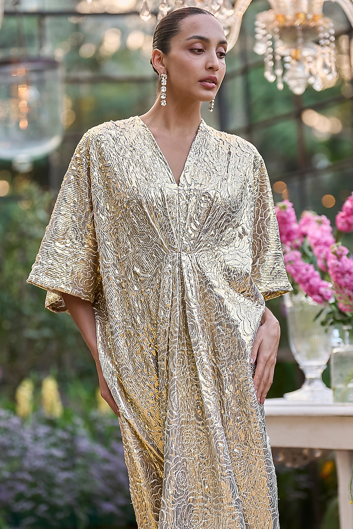Antique Gold Recycled Polyester Cutwork Kaftan by Dash and Dot at Pernia's Pop Up Shop