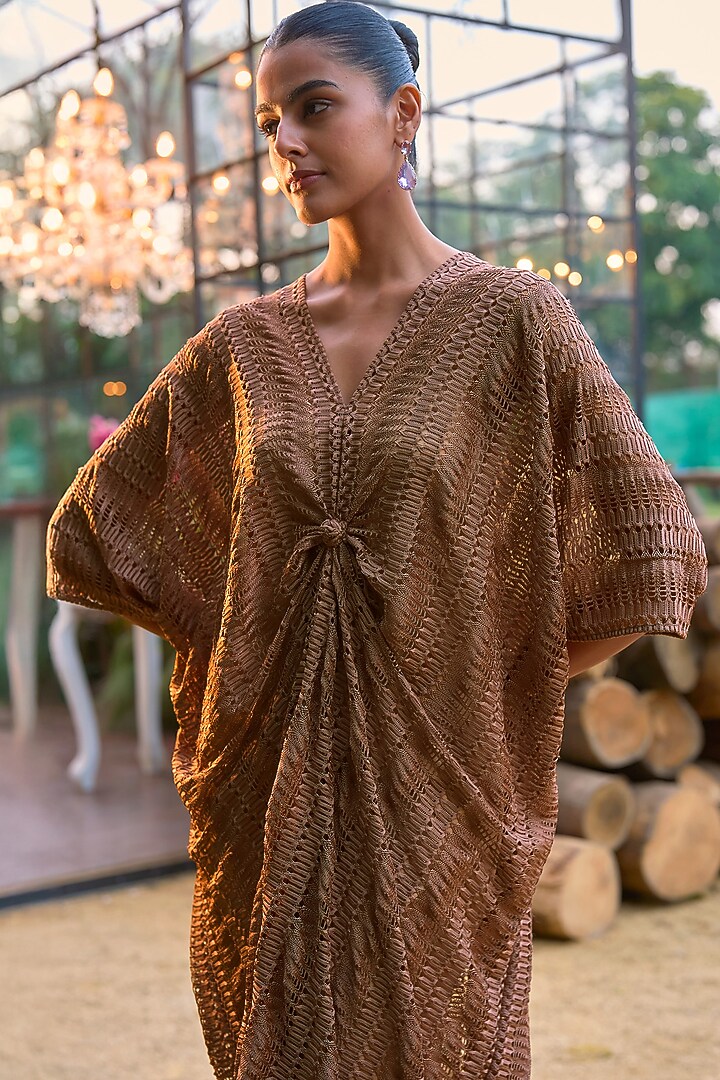 Caramel Recycled Polyester Textured Lace Kaftan by Dash and Dot at Pernia's Pop Up Shop