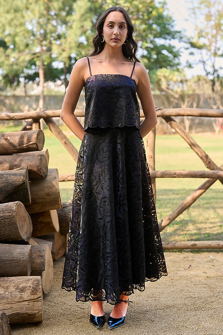 Black Recycled Polyester Cutwork Crop Top by Dash and Dot at Pernia's Pop Up Shop