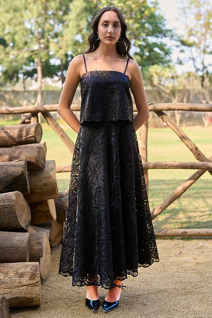 Black Recycled Polyester Cutwork A-Line Skirt by Dash and Dot at Pernia's Pop Up Shop