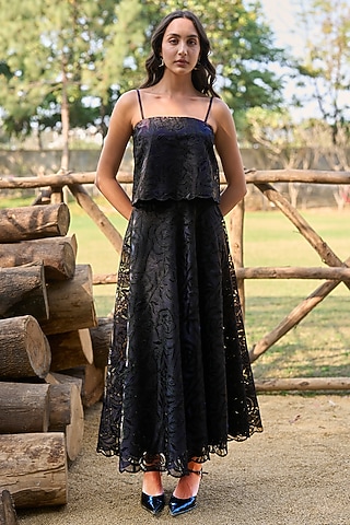 Black Recycled Polyester Cutwork A-Line Skirt by Dash and Dot