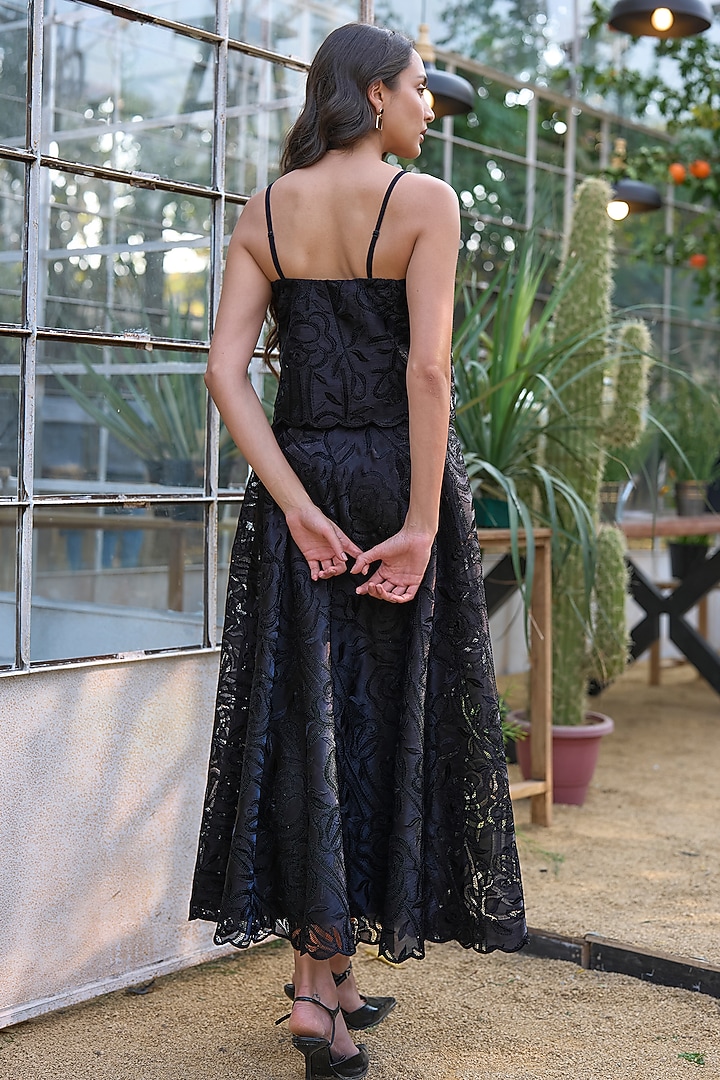Black Recycled Polyester Cutwork A-Line Skirt by Dash and Dot at Pernia's Pop Up Shop