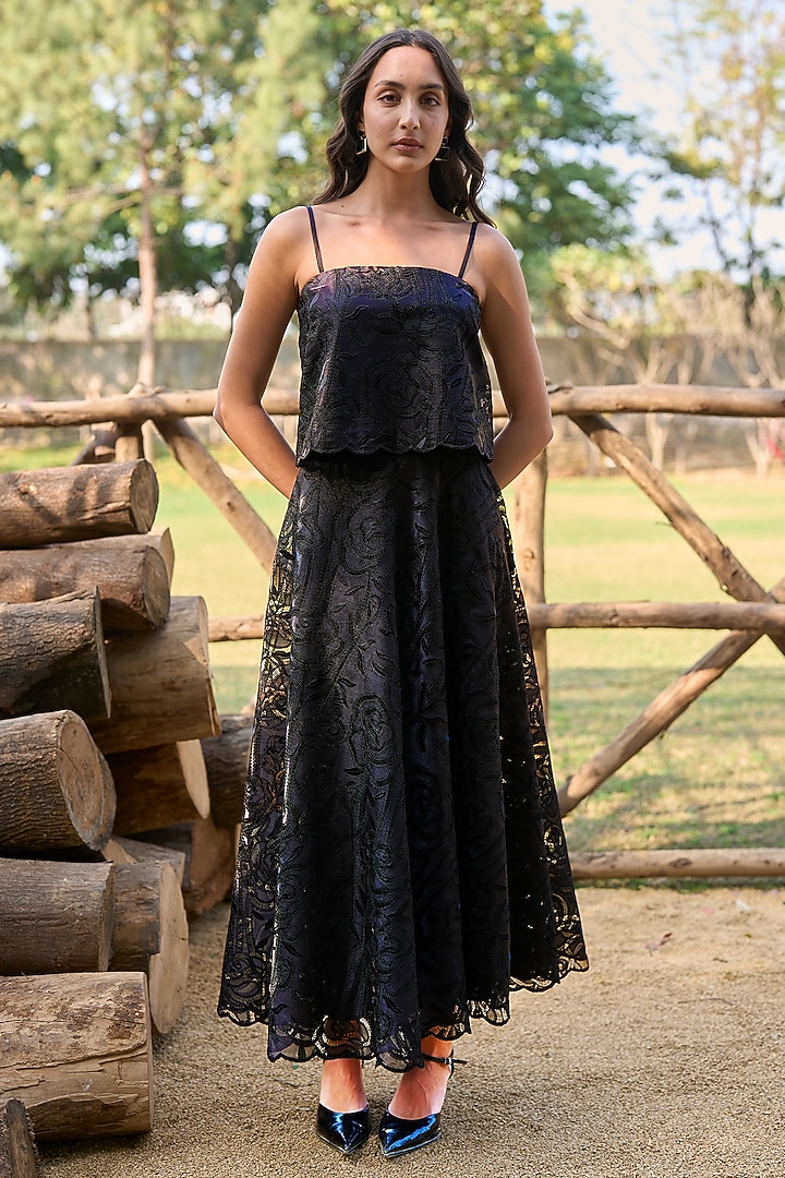Black Recycled Polyester Cutwork A-Line Skirt Set by Dash and Dot at Pernia's Pop Up Shop