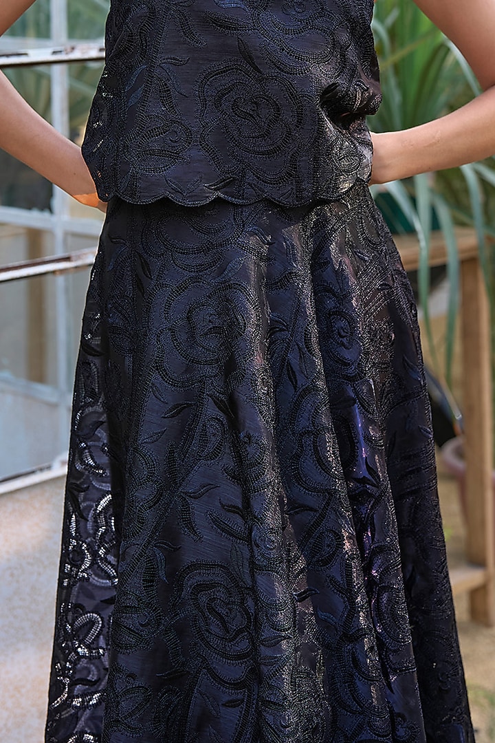 Black Recycled Polyester Cutwork A-Line Skirt Set by Dash and Dot at Pernia's Pop Up Shop
