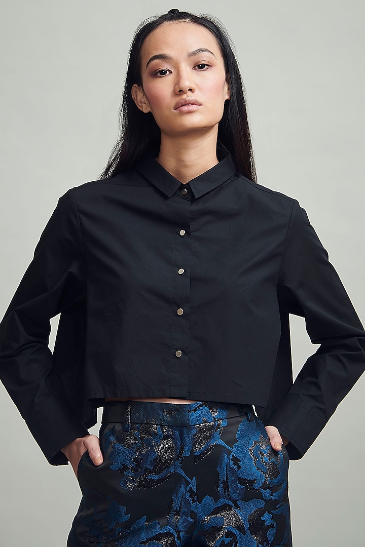 Black Cotton Cropped Shirt by Dash and Dot