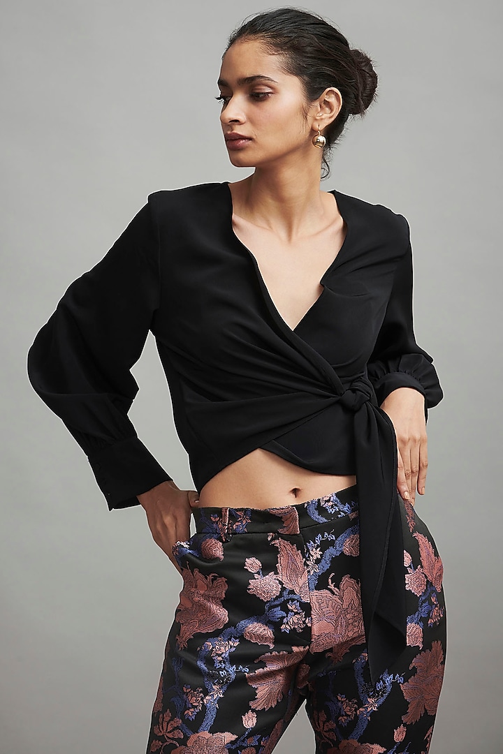 Black Polyester Cropped Blouse by Dash and Dot