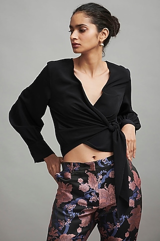 Black Polyester Cropped Blouse by Dash and Dot