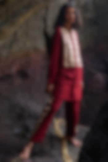 Cherry Red Viscose & Poly Embroidered Pant Set by Dash and Dot at Pernia's Pop Up Shop