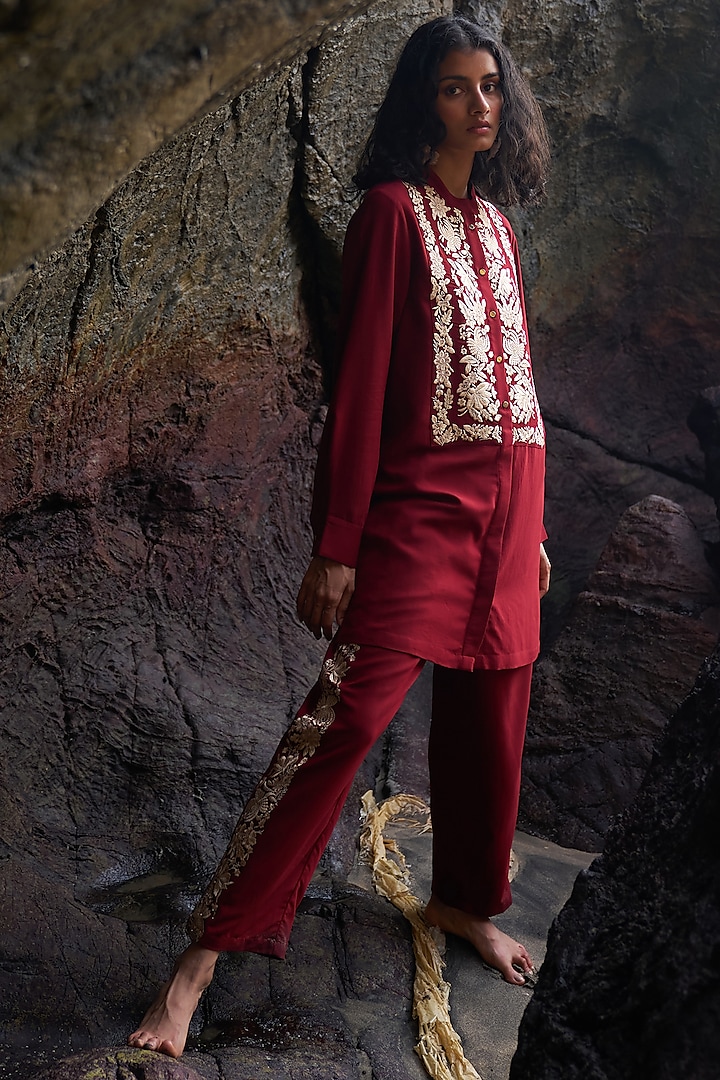 Cherry Red Viscose & Poly Embroidered Pant Set by Dash and Dot at Pernia's Pop Up Shop