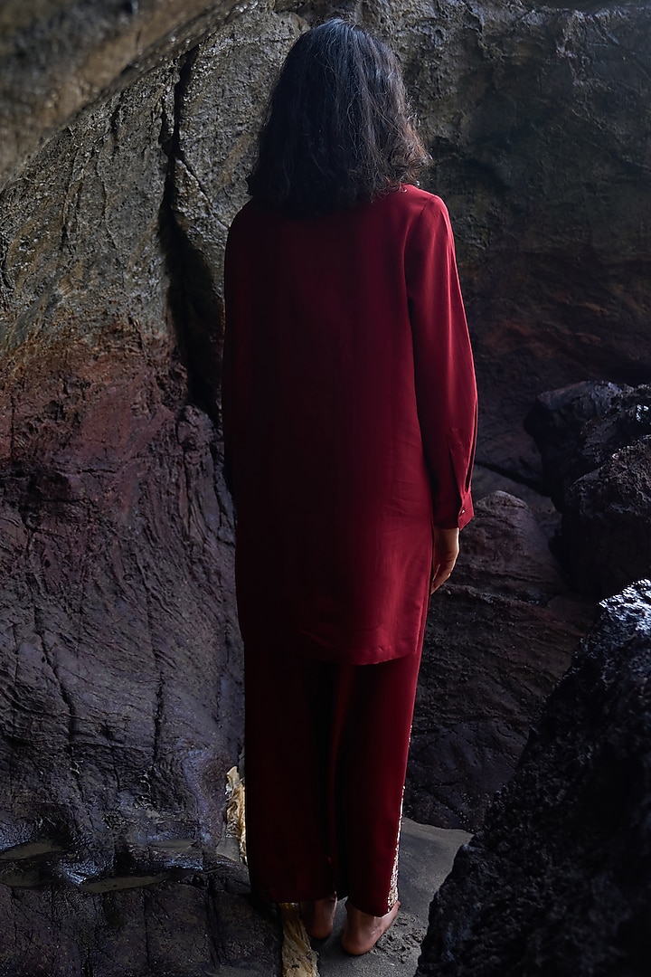 Cherry Red Viscose & Poly Embroidered Pant Set by Dash and Dot at Pernia's Pop Up Shop