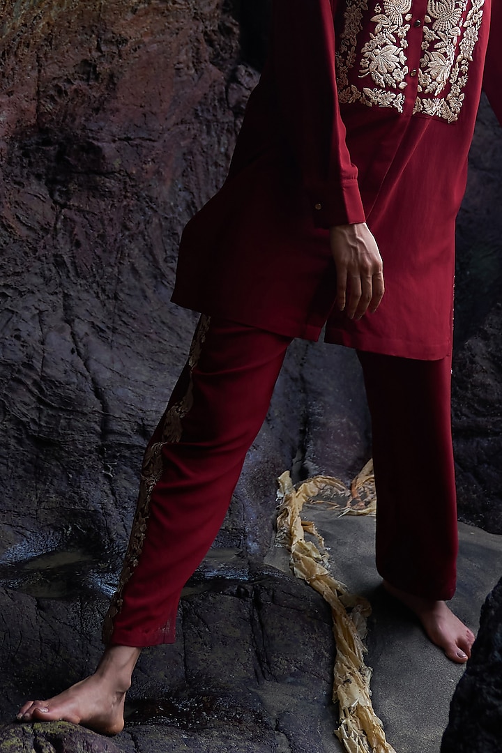 Cherry Red Viscose & Poly Embroidered Pant Set by Dash and Dot at Pernia's Pop Up Shop