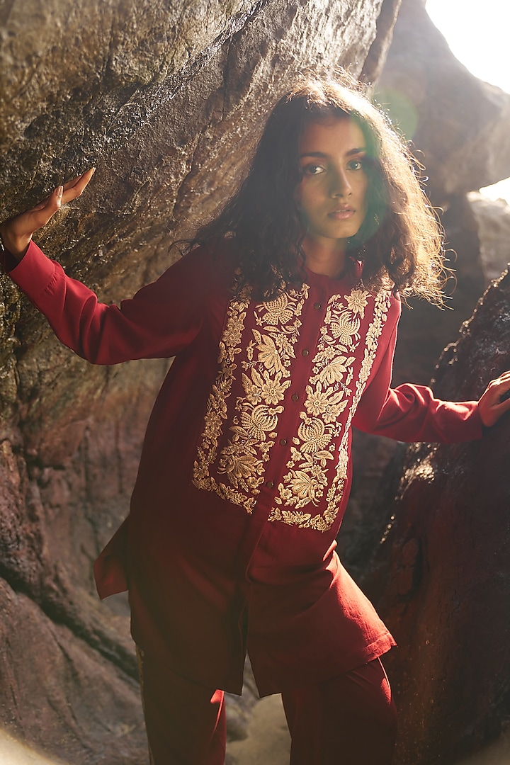 Cherry Red Viscose & Poly Embroidered Pant Set by Dash and Dot at Pernia's Pop Up Shop