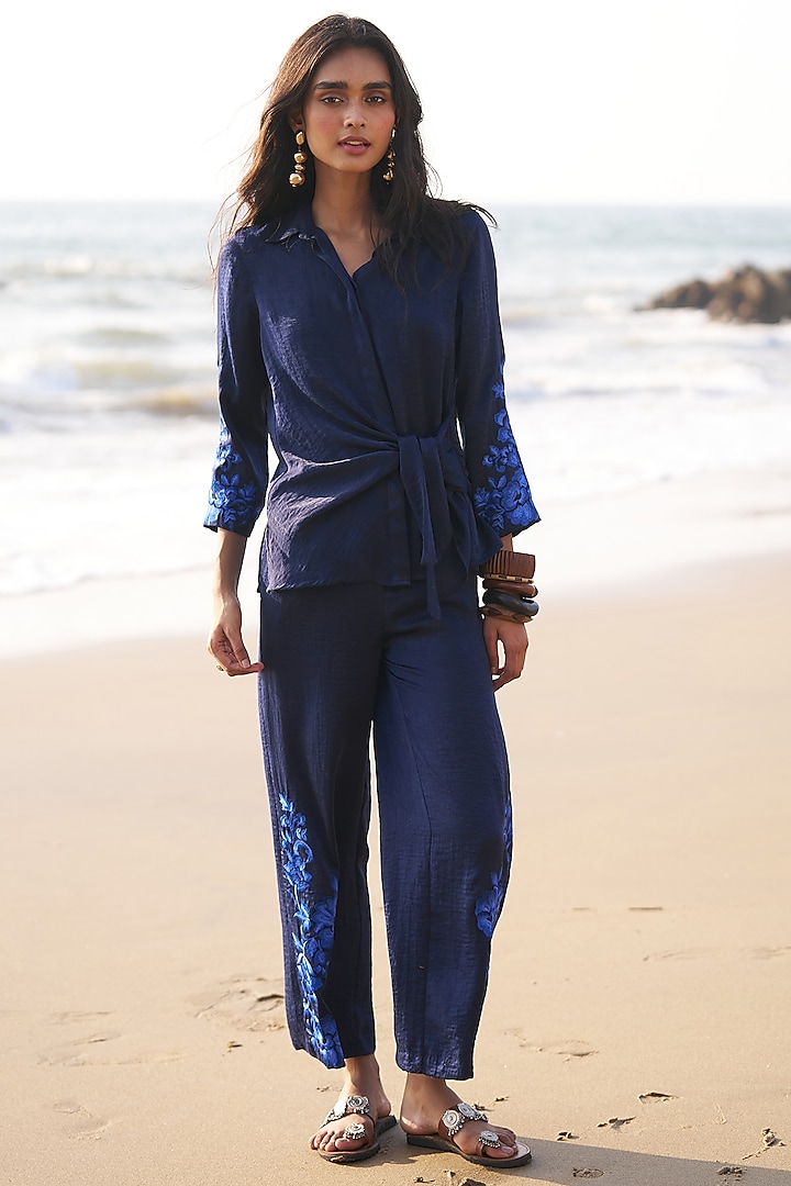 Blue Hammered Satin Pant Set by Dash and Dot at Pernia's Pop Up Shop