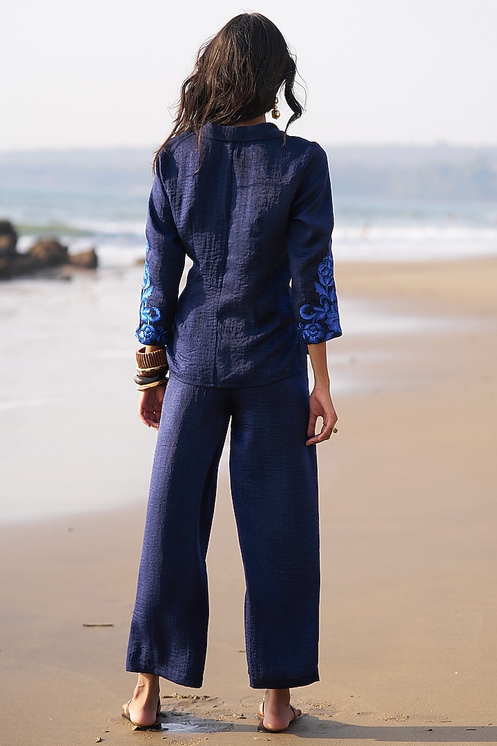 Blue Hammered Satin Pant Set by Dash and Dot at Pernia's Pop Up Shop