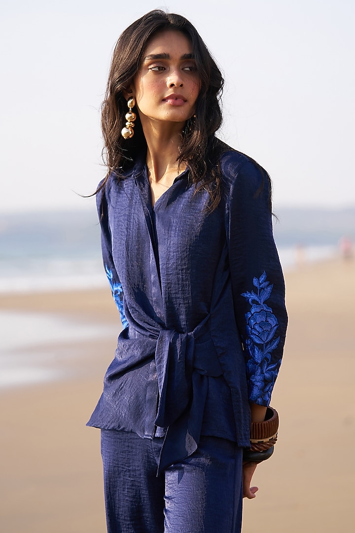 Blue Hammered Satin Pant Set by Dash and Dot at Pernia's Pop Up Shop