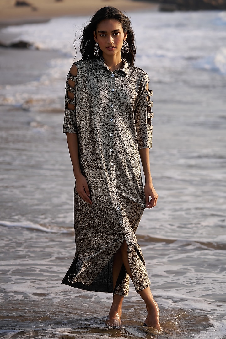 Bronze Polyester Foil Printed Shirt Dress by Dash and Dot at Pernia's Pop Up Shop