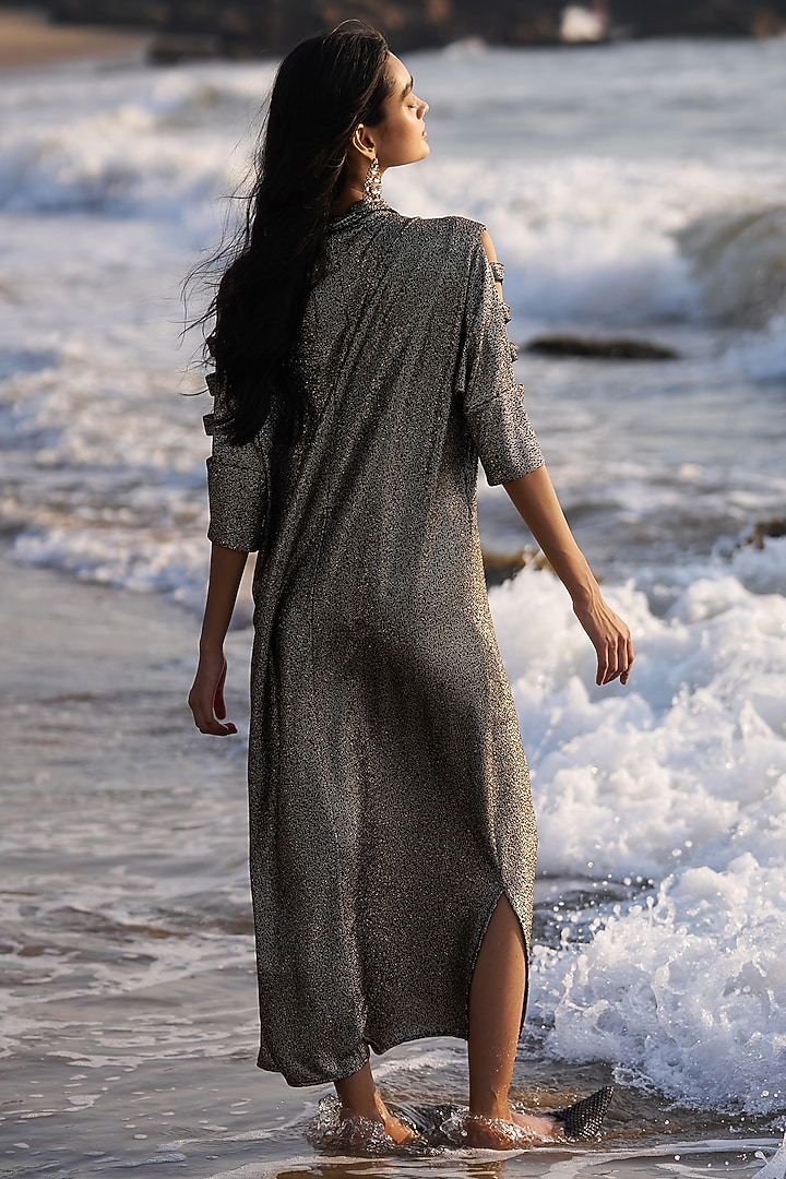 Bronze Polyester Foil Printed Summer Shirt Dress by Dash and Dot at Pernia's Pop Up Shop