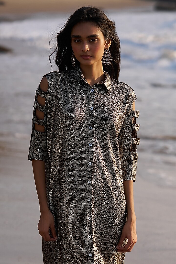 Bronze Polyester Foil Printed Summer Shirt Dress by Dash and Dot at Pernia's Pop Up Shop