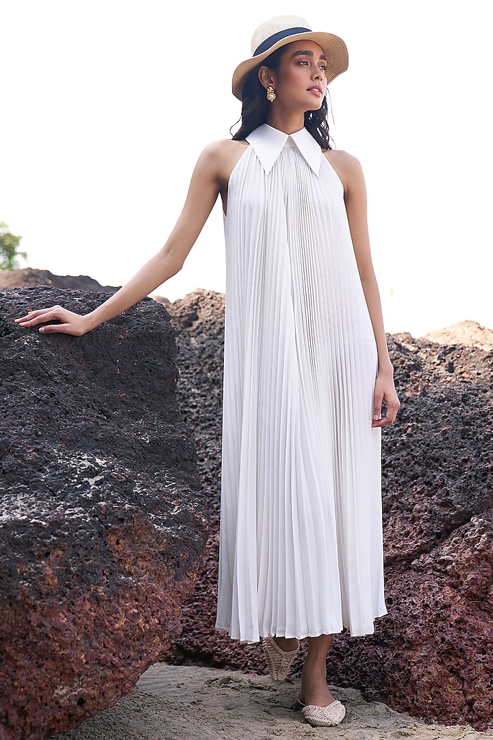 White Recycled Polyester Pleated Midi Dress by Dash and Dot at Pernia's Pop Up Shop