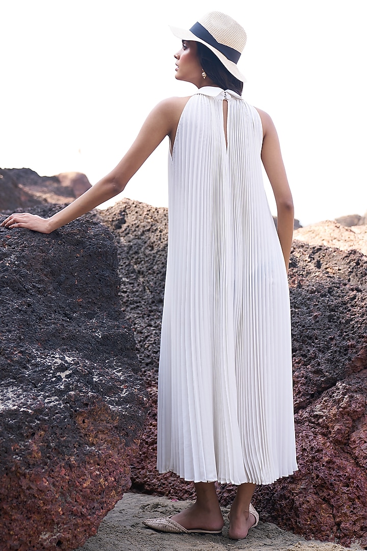 White Recycled Polyester Pleated Midi Summer Dress by Dash and Dot at Pernia's Pop Up Shop