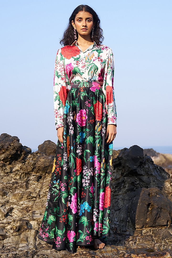 Black Satin Floral Printed Skirt Set by Dash and Dot at Pernia's Pop Up Shop
