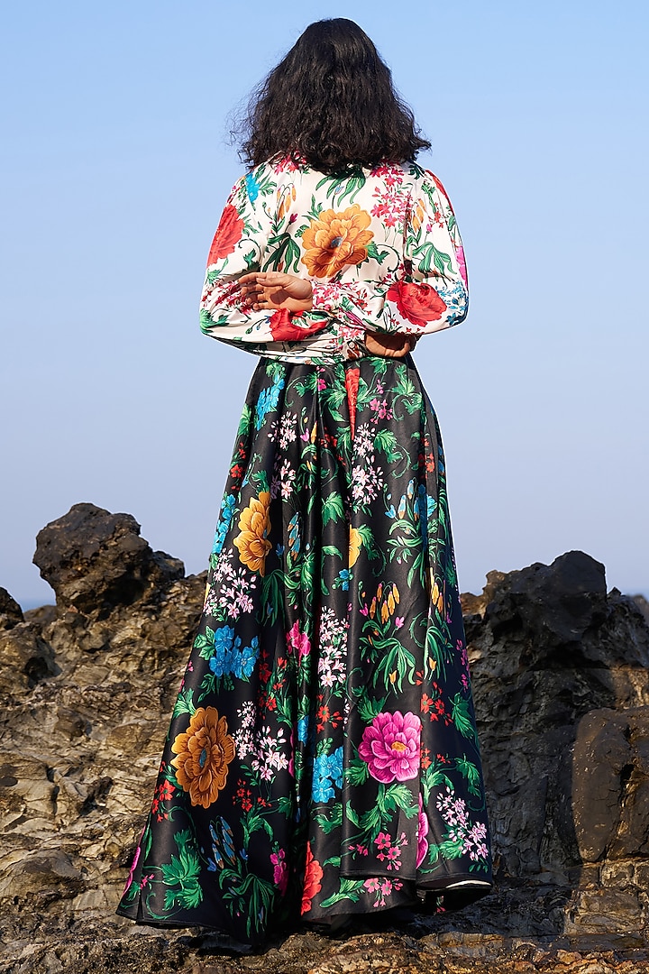 Black Satin Floral Printed Skirt Set by Dash and Dot at Pernia's Pop Up Shop