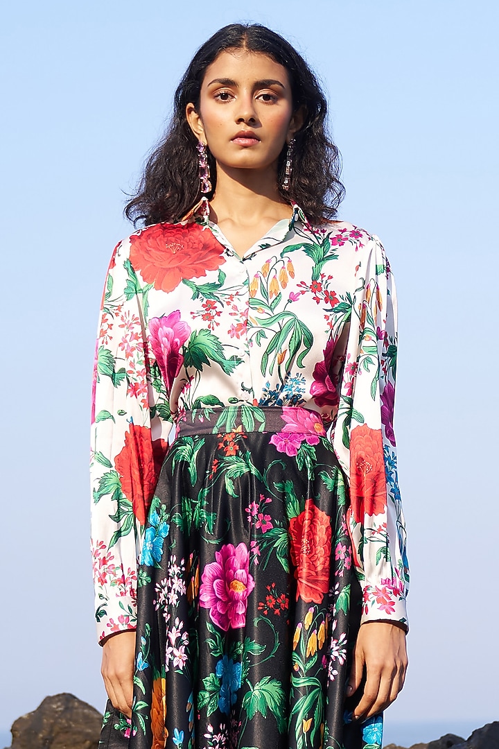 Black Satin Floral Printed Skirt Set by Dash and Dot at Pernia's Pop Up Shop